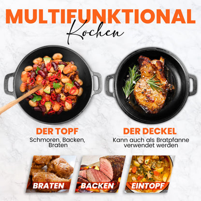 KICHLY Dutch Oven Gusseisen 4,7 Liter mit Grillpfannendeckel