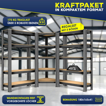 MASKO 3er Set Schwerlastregal – Metall, 1x Eck, 2x Lager, Schwarz