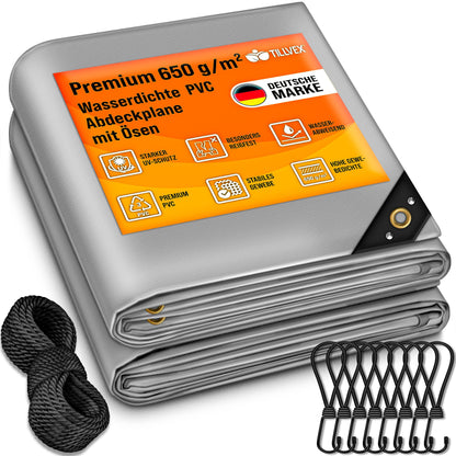 tillvex® Abdeckplane Premium PVC Gewebeplane - Grau, 5x9 m. Rechteckige, graue Plane schützt zuverlässig Gegenstände im Außenbereich.