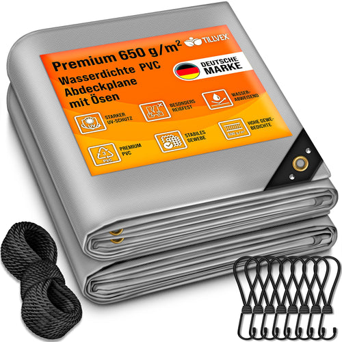 tillvex® Abdeckplane Premium PVC Gewebeplane - Grau, 5x9 m. Rechteckige, graue Plane schützt zuverlässig Gegenstände im Außenbereich.