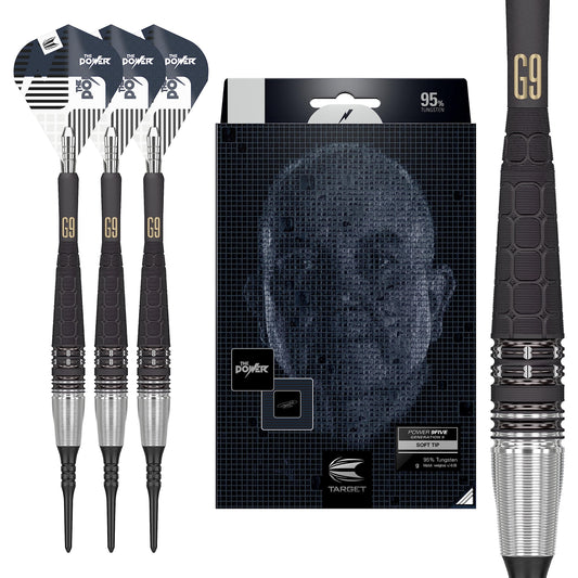 Phil Taylor Power 9-Five Gen 9 Soft Tip Darts Set - 20G. Drei 20g Soft Tip Darts mit präzisionsgefertigten Metall-Barrels zum Einsatz auf elektronischen Dartboards.