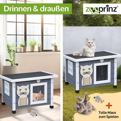zooprinz Premium Holz Katzenhaus – Katzenkiste mit Dach zum Öffnen, Fenster und Schwingtür – Sisalband an der Katzenbox – Wetterfest für Garten/Balkon – Innen- und Draußen Hütte (Grau-Weiß, Standard)