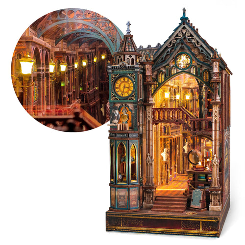 FUNPOLA Magic Library Book Nook Kit – LED 3D Holzpuzzle, Miniatur-Bibliothek aus Holz mit Infinity-Spiegel