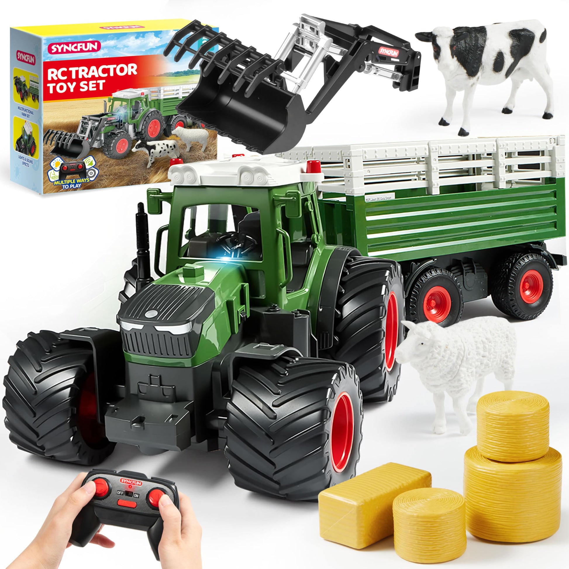 SYNCFUN Ferngesteuerter Traktor mit Anhänger, Lader, Licht und Sound, Spielzeugset im Grossformat
