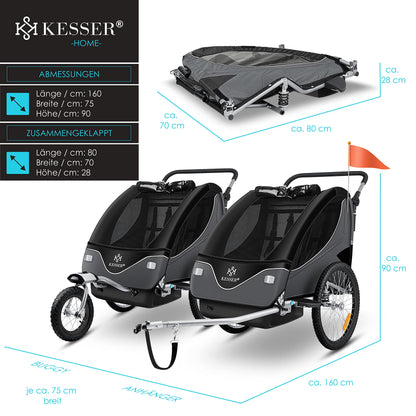 KESSER Kinderfahrradanhänger 2in1 Jogger – Schwarz