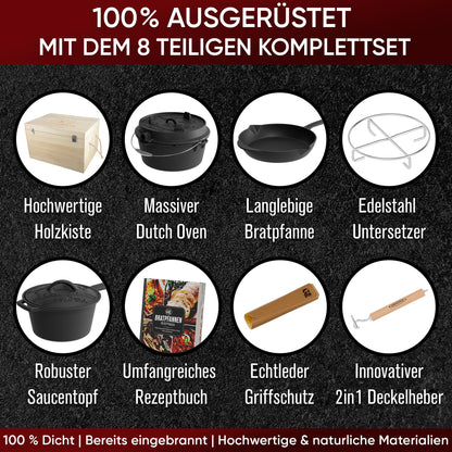 GUSSKÖNIG Dutch Oven Set – Gusseisen 8-teilig, eingebrannt