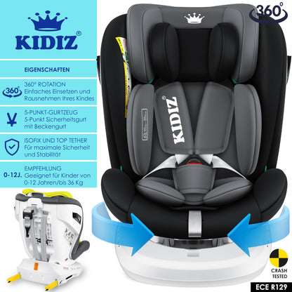 KIDIZ® Kindersitz i-Size Isofix 360° drehbar Gruppe 0/1/2/3