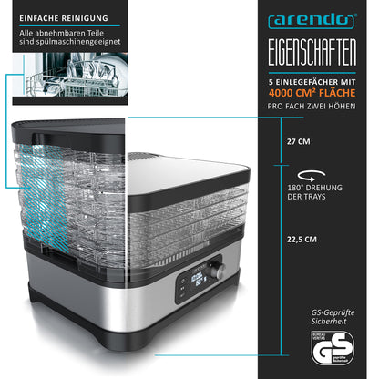 Arendo Dörrautomat Edelstahl 400W - 5 Fächer, Temp.regler