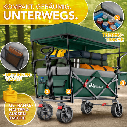 TRESKO Bollerwagen Faltbar Handwagen mit Dach, Kühlfach 150kg – Grün