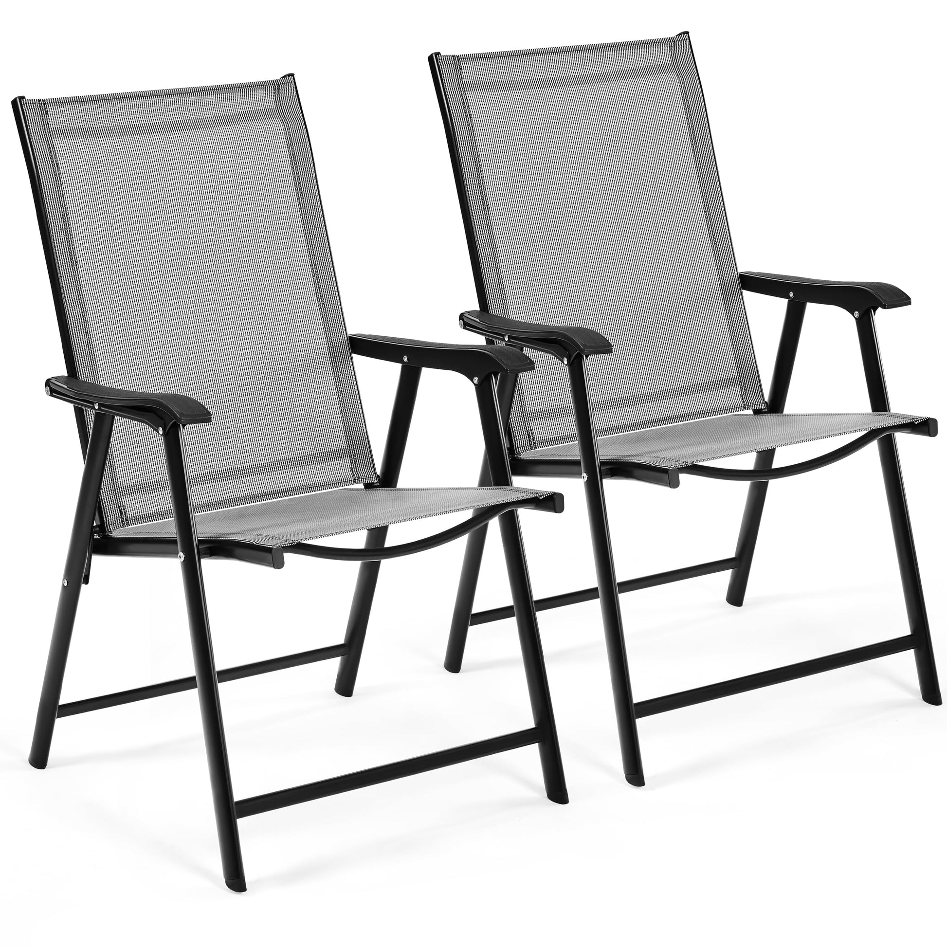 Yaheetech Gartenstühle 2er-Set, klappbarer Hochlehner, grau mit Armlehnen und Texteline-Bespannung