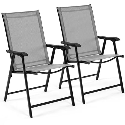 Yaheetech Gartenstühle 2er-Set, klappbarer Hochlehner, grau mit Armlehnen und Texteline-Bespannung