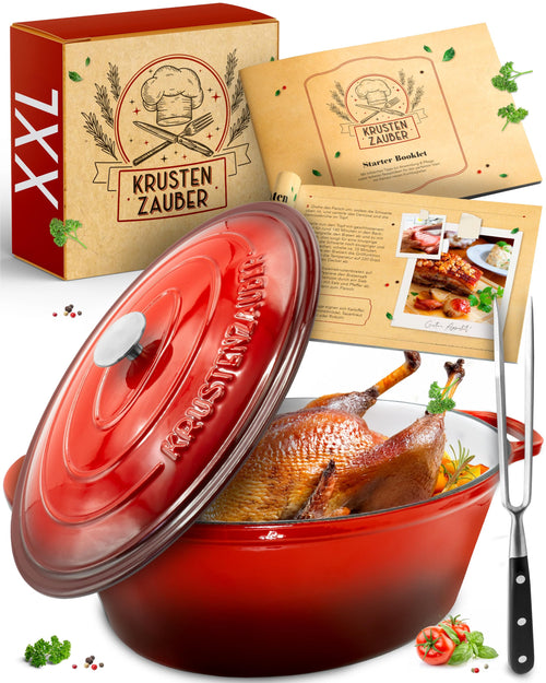 KRUSTENZAUBER Gusseisen Bräter Gänsebräter Oval 10L Induktion, dunkelgrau, zum Schmoren und Braten von Geflügel und großen Bratenstücken.