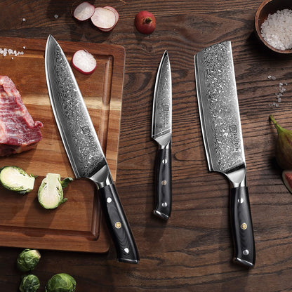 PAUDIN Damastmesser Set Küchenmesser – 3-teilig VG10 Damaststahl