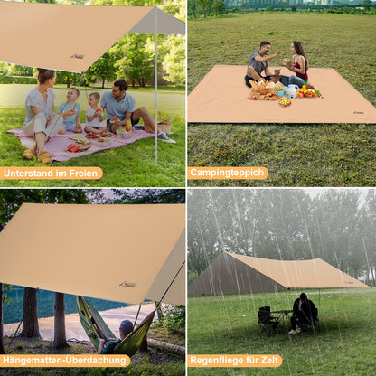 WADEO Camping Tarp wasserdicht 4 x 3 m, Zeltplane mit Stangen, Khaki