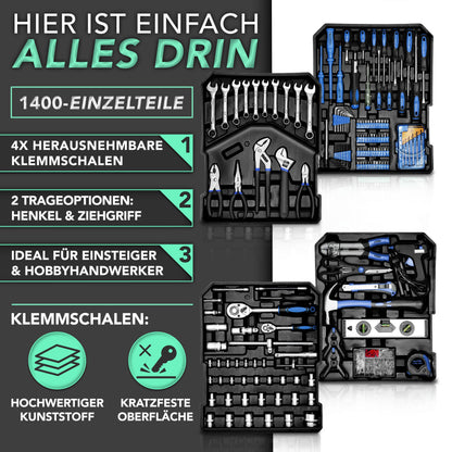 TRESKO Werkzeugkoffer 1400-teilig, Werkzeug-Trolley, blau