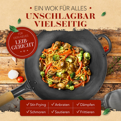 KRUSTENZAUBER 36cm Wokpfanne Induktion Karbonstahl - Voreingebrannt