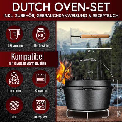 GUSSKÖNIG Dutch Oven Set – Gusseisen 8-teilig, eingebrannt