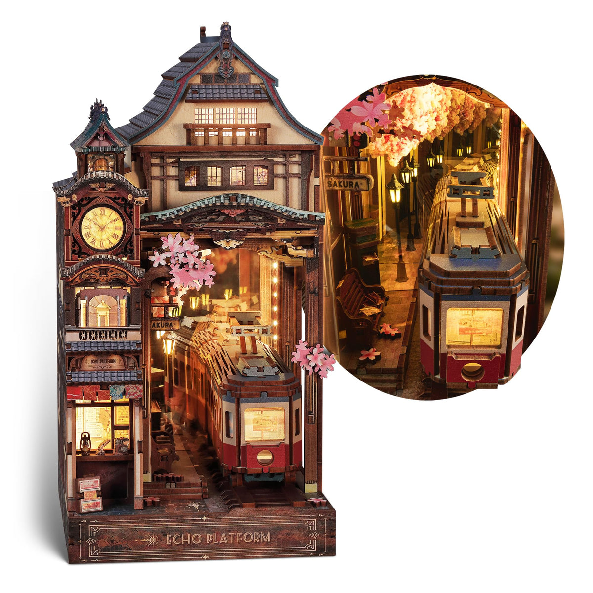 FUNPOLA Sakura Train Book Nook Kit – 3D Holzpuzzle mit LED, Miniatur-Bahnhof mit Kirschblüten