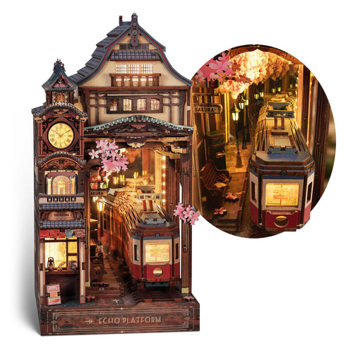 FUNPOLA Sakura Train Book Nook Kit – 3D Holzpuzzle mit LED, Miniatur-Bahnhof mit Kirschblüten