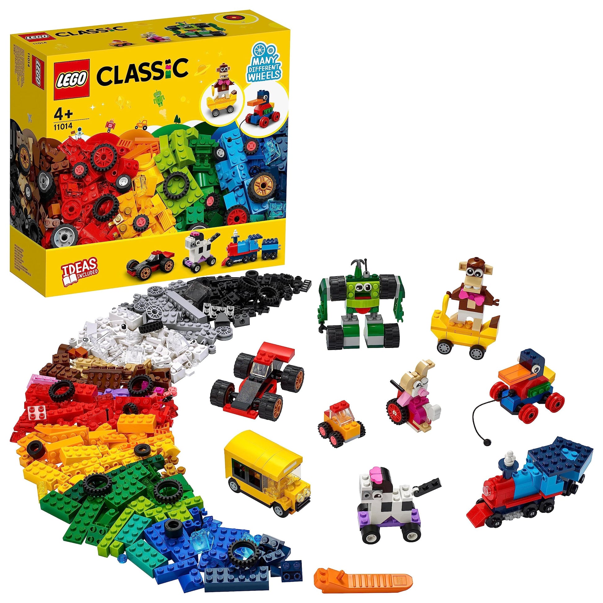 LEGO Classic 11014 Steinebox mit Rädern. Bunte, verschieden geformte LEGO Bausteine in einer gelben Aufbewahrungsbox mit Rädern. Fördert kreatives Bauen und Spielen für Kinder.

