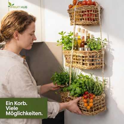 FRUIT HUB Obstkorb hängend aus Seegras – Hängekorb mit 3 Etagen