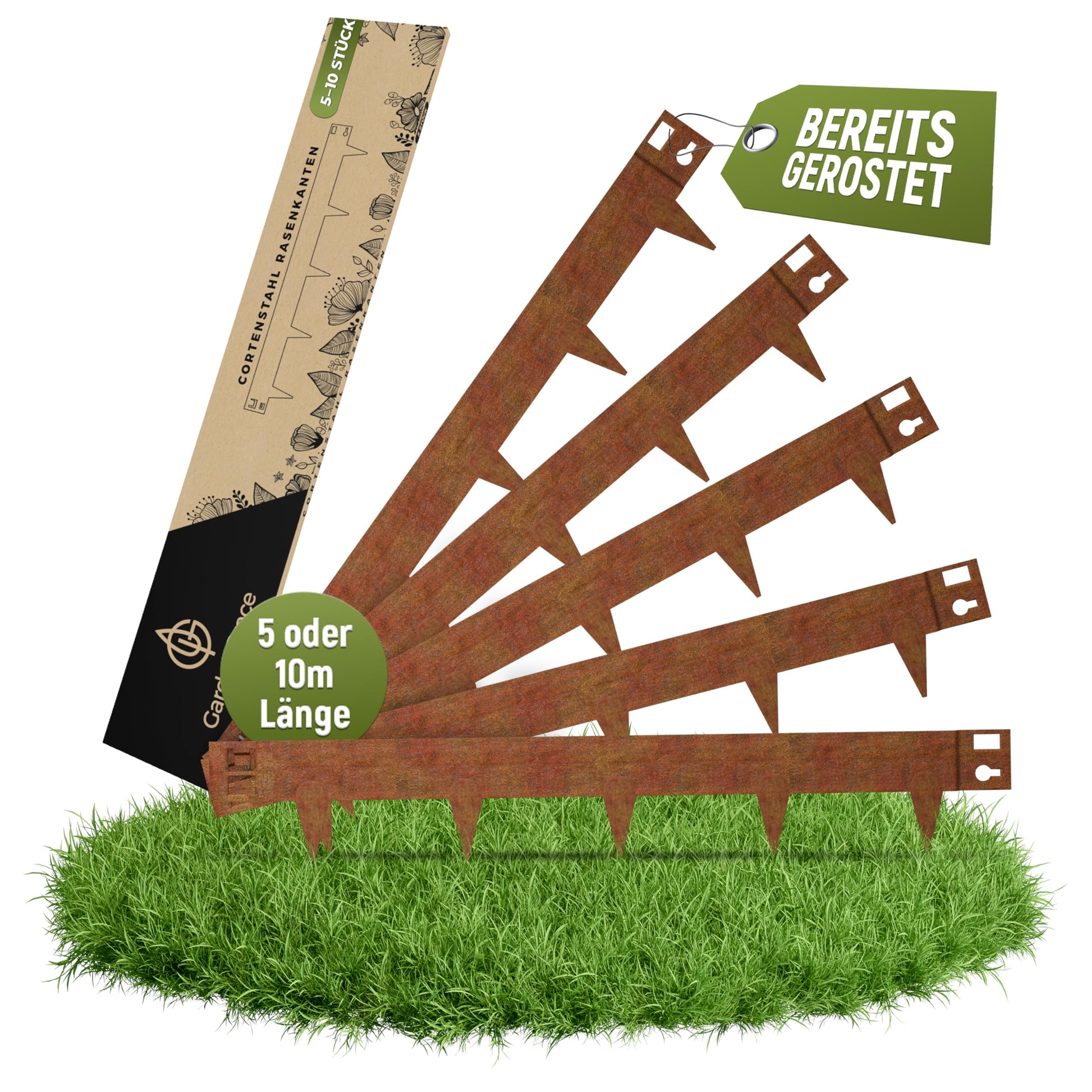GardenGrace Rasenkante Cortenstahl 5 x 1 m, 1,5 mm – Beeteinfassung aus Edelrost-Stahl für Beete, Rasen und Wege