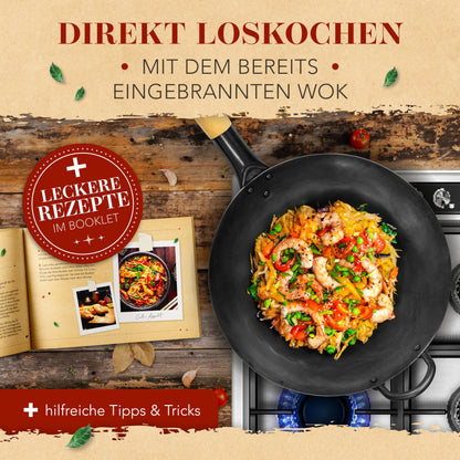 KRUSTENZAUBER 36cm Wokpfanne Induktion Karbonstahl - Voreingebrannt