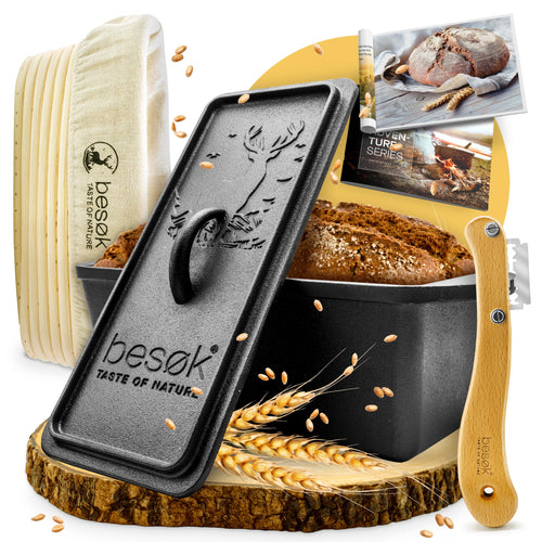 besok Brotbackform mit Deckel, Gusseisen-Set mit Gärkorb & Teigmesser zum Brotbacken