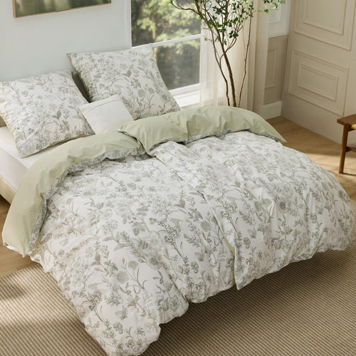 Bedsure Bettwäsche 135x200 4teilig Baumwolle Wendebettwäsche Set, grünes Pflanzenmuster