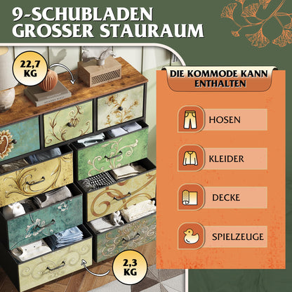 WLIVE Kommode 9 Schubladen aus Stoff – Schlafzimmer, Vintage-Druck