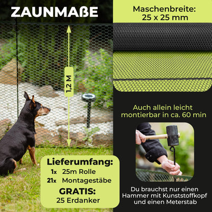 SELFmania Hundezaun 25 m x 120 cm, mobiler Begrenzungszaun in Schwarz