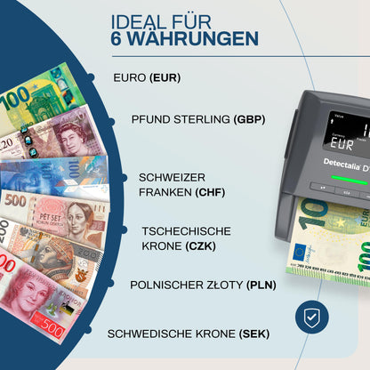 Detectalia D7X Falschgeldprüfer Zählmaschine – für Euro, CHF, GBP