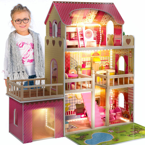 Kinderplay Puppenhaus Holz Villa 3 Etagen – Gross LED 90cm