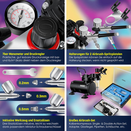 MASKO Airbrush-Set Kompressor 4 bar – Dual Multifunktions Set
