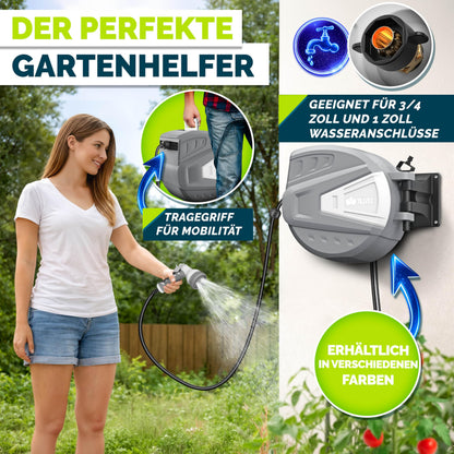 tillvex Schlauchtrommel 20 m mit Wandhalterung und Handbrause, grau