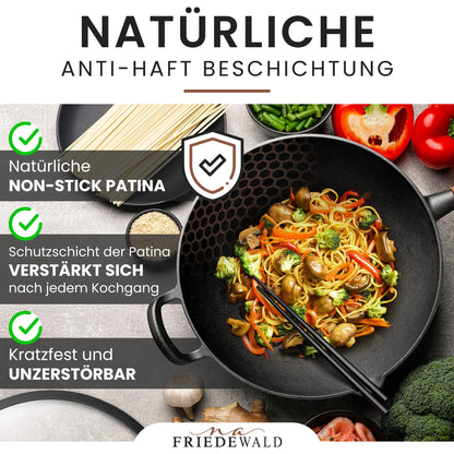 Friedewald® Gusseisen Wok – 29cm mit Deckel, Induktionsgeeignet