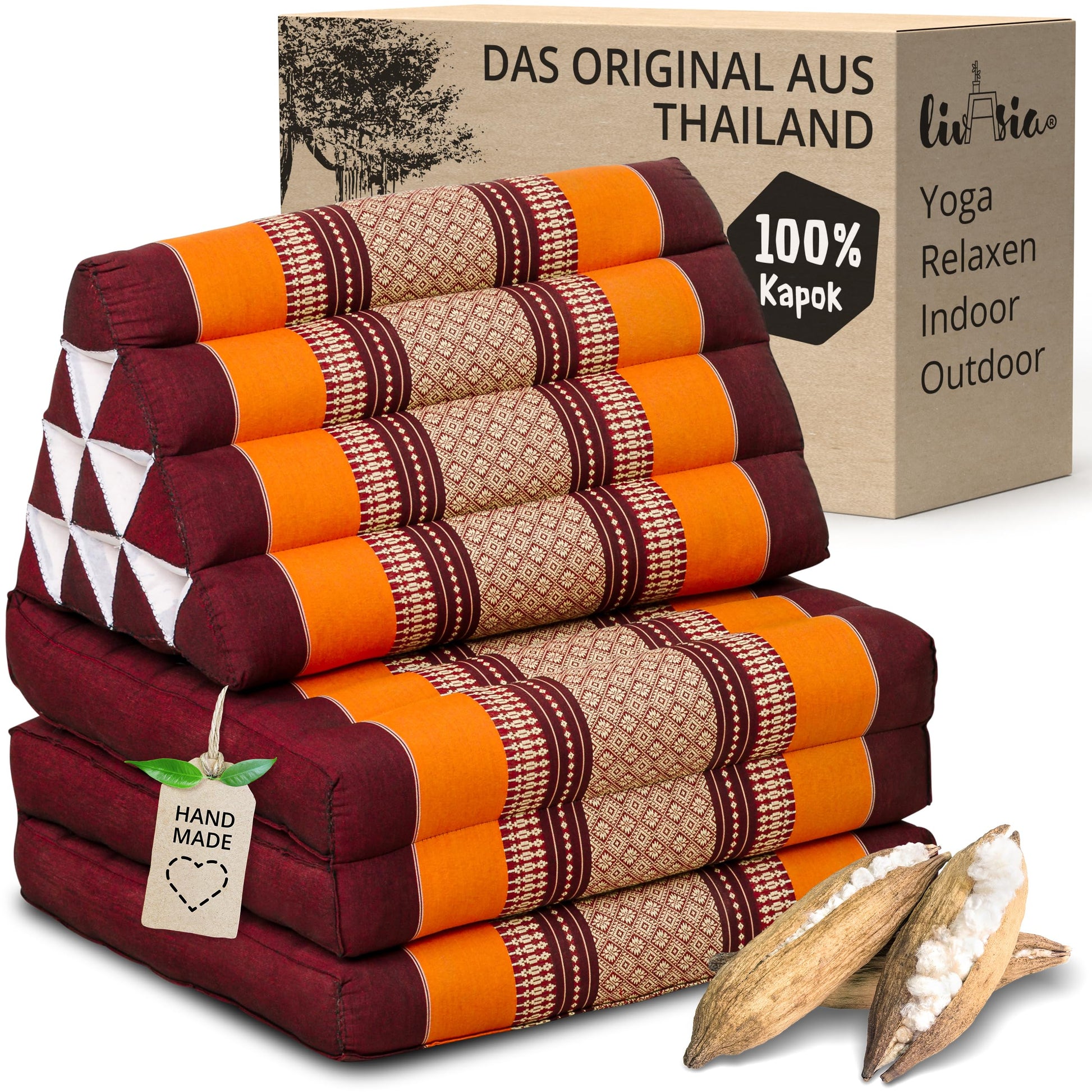Livasia Thaikissen Dreieckskissen Klappmatratze - Orange 175cm. Orange, faltbar zur Liegefläche. Nutzt als Bodenpolster.