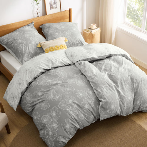 BEDSURE Bettwäsche 135x200 Baumwolle 4teilig Wendebettwäsche Grau mit Ginkgo-Muster