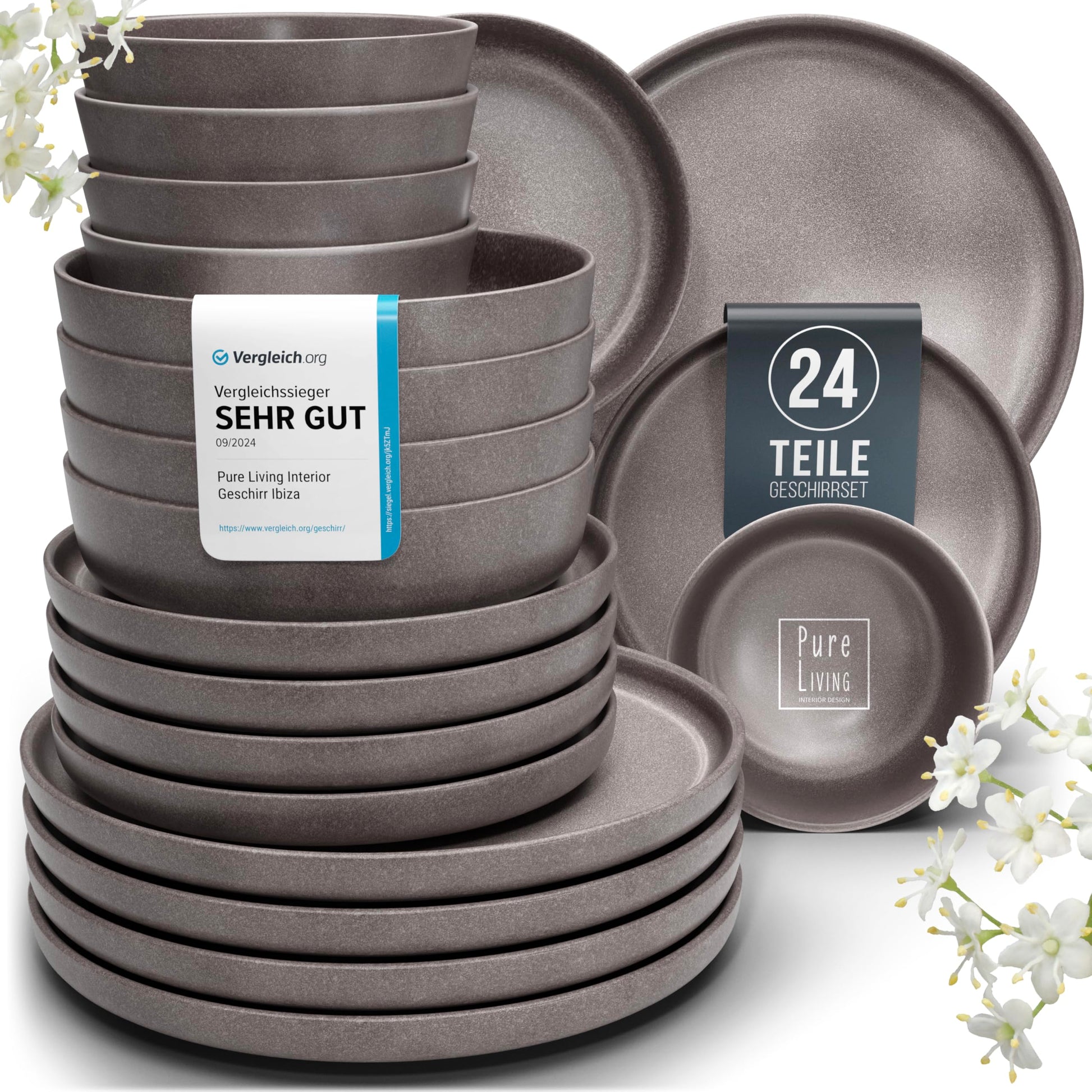 Steingut Geschirrset 24-tlg für 6 Pers. Urban Style matt Grau-braun. Zum Servieren von Mahlzeiten für 6 Personen.