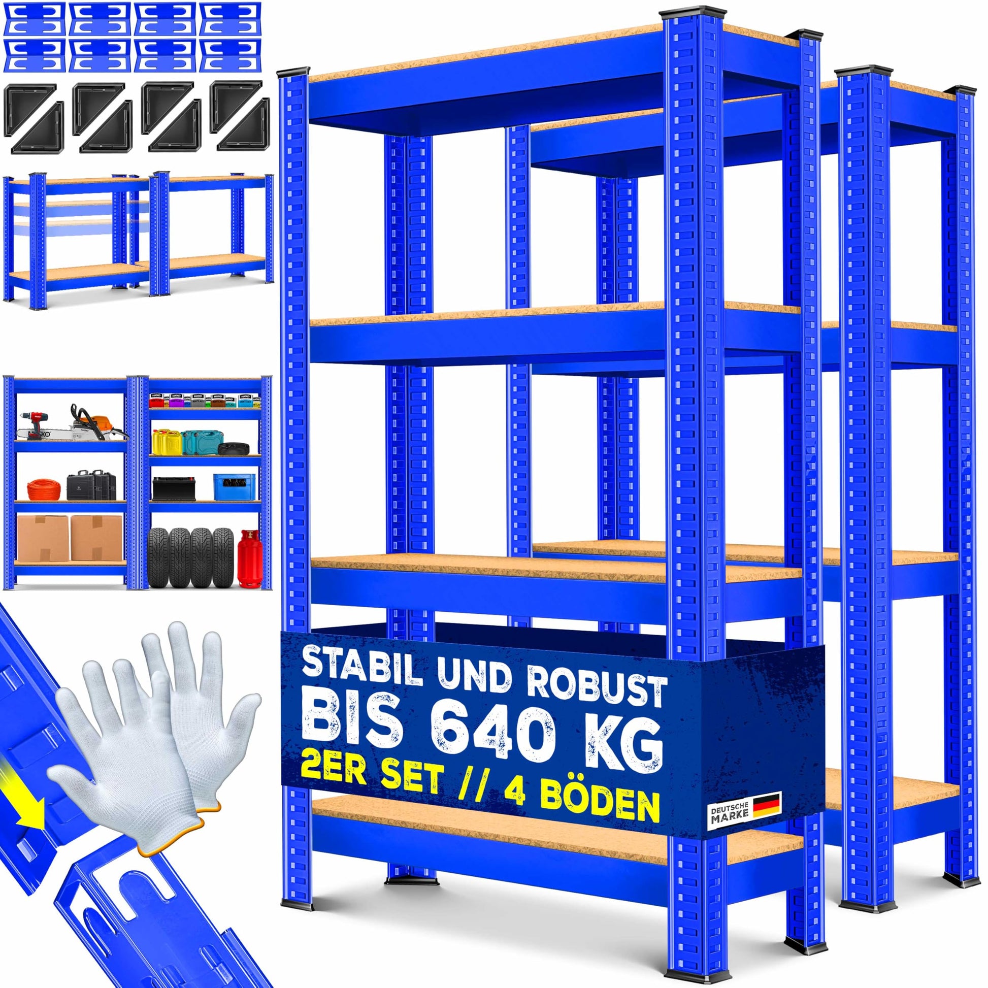 MASKO Schwerlastregal 2er-Set, 160 x 80 x 40 cm, 700 kg, Blau mit Metallrahmen und vier MDF-Ablagen