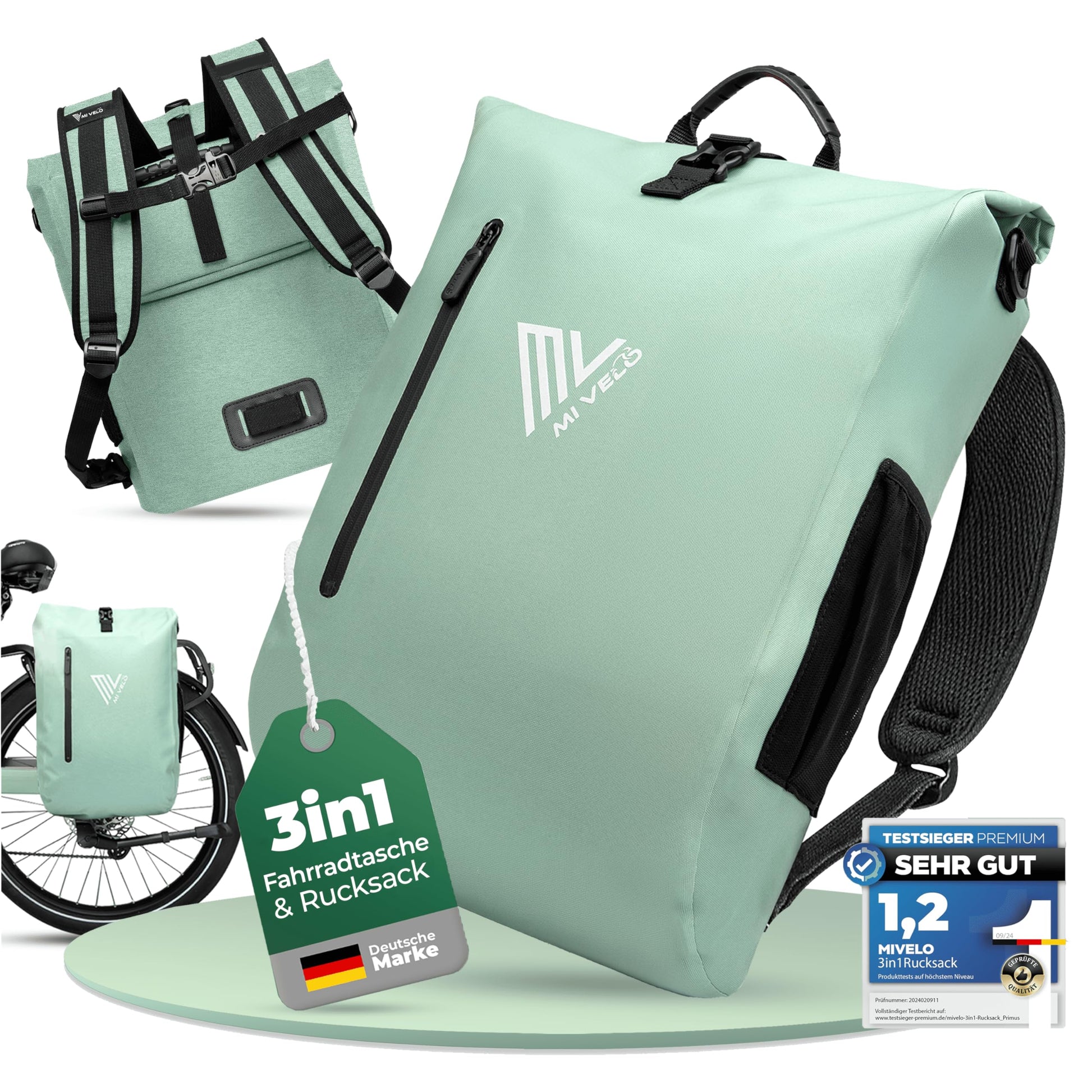MIVELO 3in1 Wasserdichte Gepäckträgertasche - Mint 20L. Mintfarbene, rechteckige Fahrradtasche schützt Ausrüstung wasserdicht beim Transport am Gepäckträger.