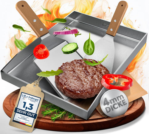 flammtal Grillplatte 4mm Edelstahl Plancha 40x30cm – Set