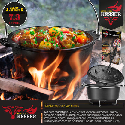 KESSER Dutch Oven Set 7,3 Liter Gusseisen Feuertopf mit Deckelheber
