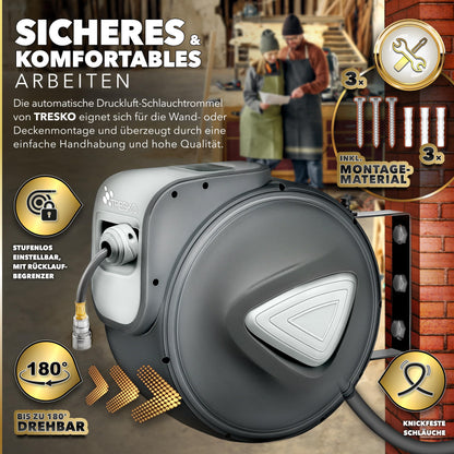 TRESKO Druckluftschlauch Schlauchtrommel 30m – Automatisch Grau