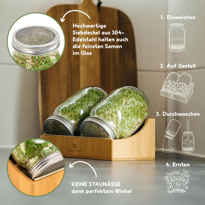BEAR PAW Sprossenglas 2er Set 1000 ml Keimglas mit Bambushalterung