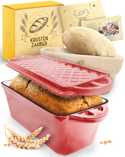 KRUSTENZAUBER Emaille Gusseisen Brotbackform mit Deckel 28cm. Ovale, dunkle Gussform mit Deckel für knuspriges, hausgemachtes Brot.