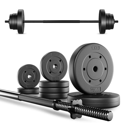 TREX SPORT Langhantel Set 22 kg mit 120 cm Stahlstange und 8 Scheiben, schwarze Hantelscheiben aus Kunststoff