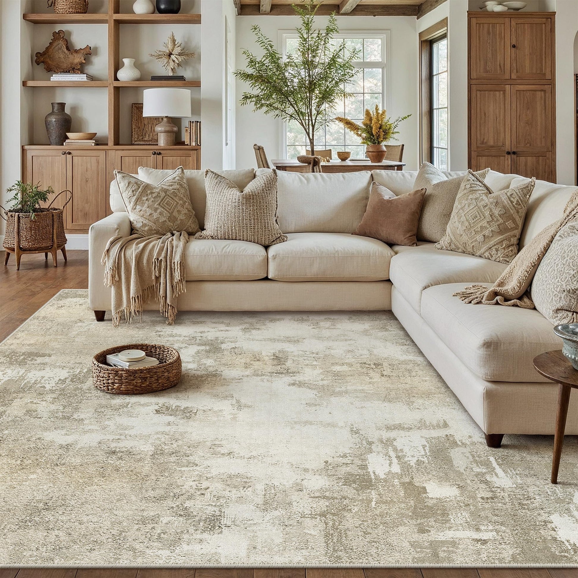 PureCozy Kurzflor Teppich beige 200x300 cm rutschfest waschbar mit abstraktem Vintage-Muster