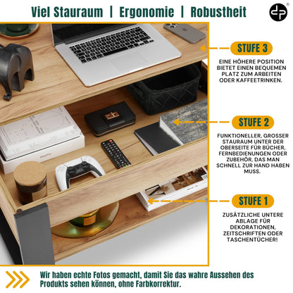 defiPad Couchtisch Höhenverstellbar mit Stauraum – Schwarz/Eiche