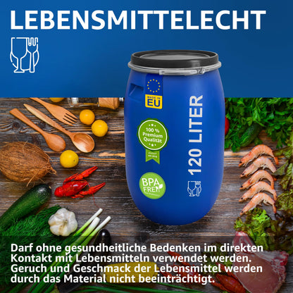 plasteo Weithalsfass 120 Liter mit Deckel und Spannring, Blau